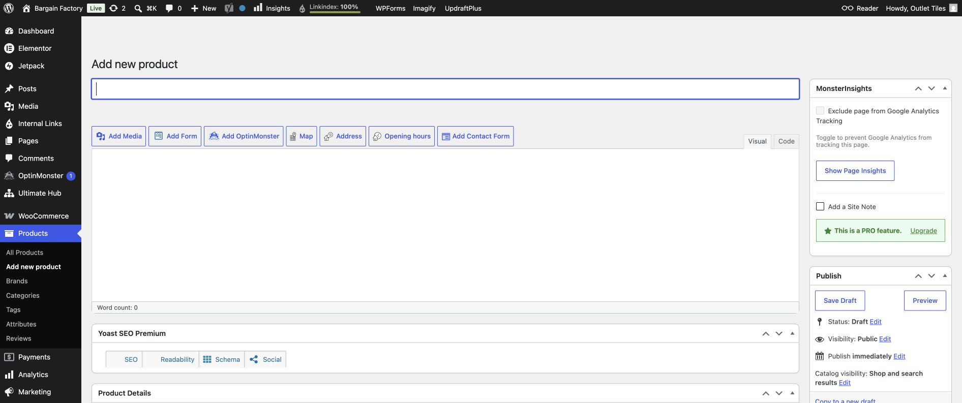 WooCommerce Add new product screen