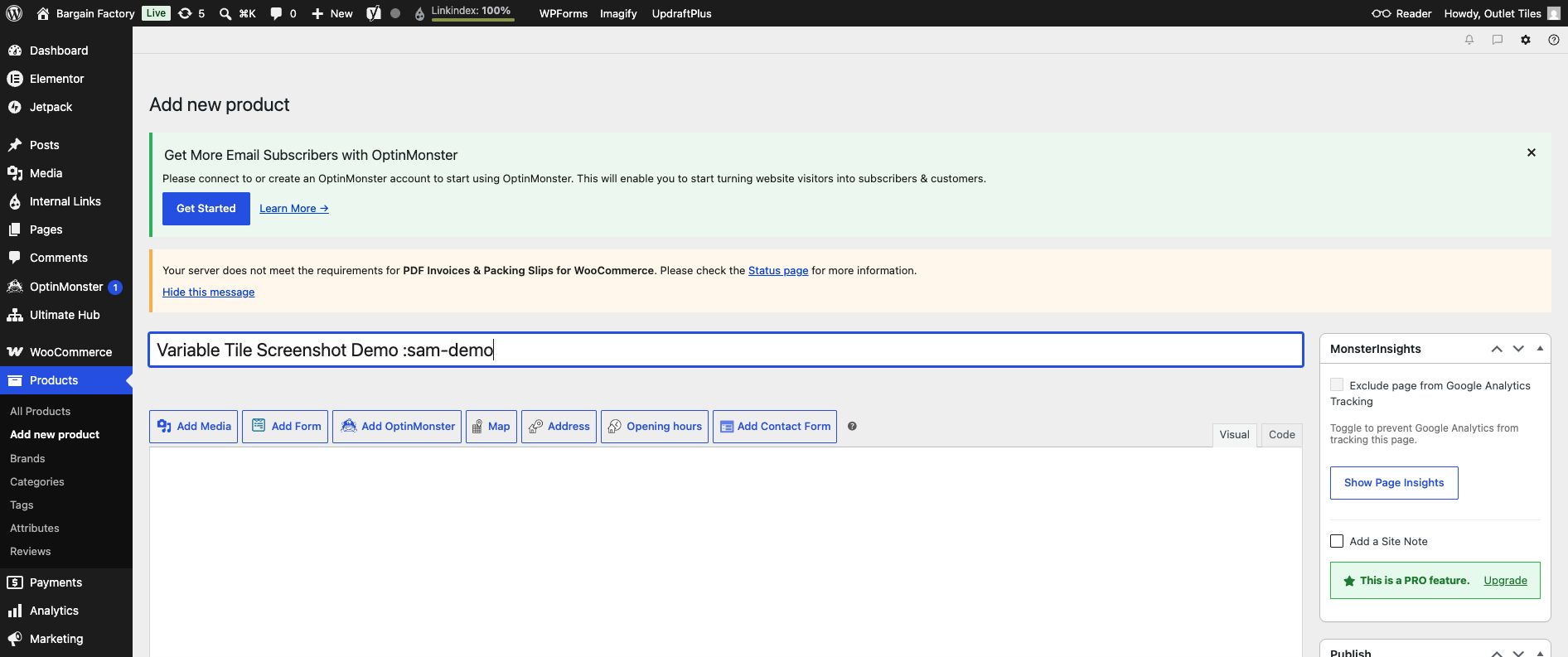 WooCommerce editor with Variable product selected