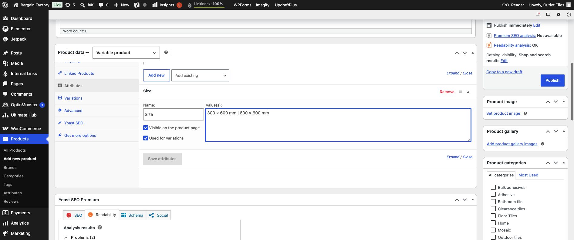 WooCommerce Size attribute fields
